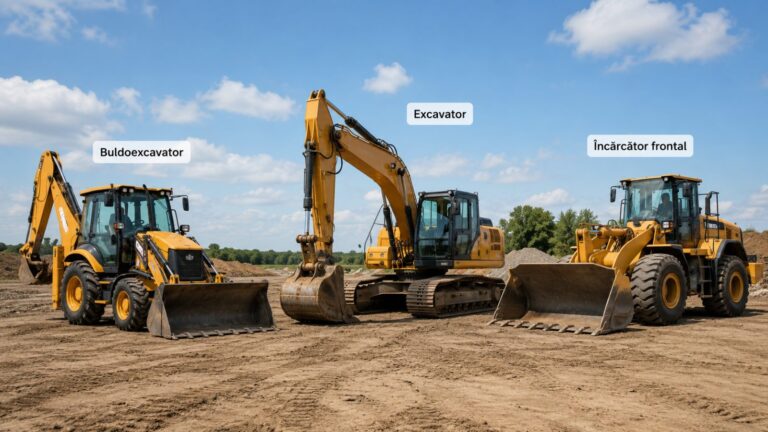 Buldoexcavator, excavator și încărcător frontal aliniate pe șantier