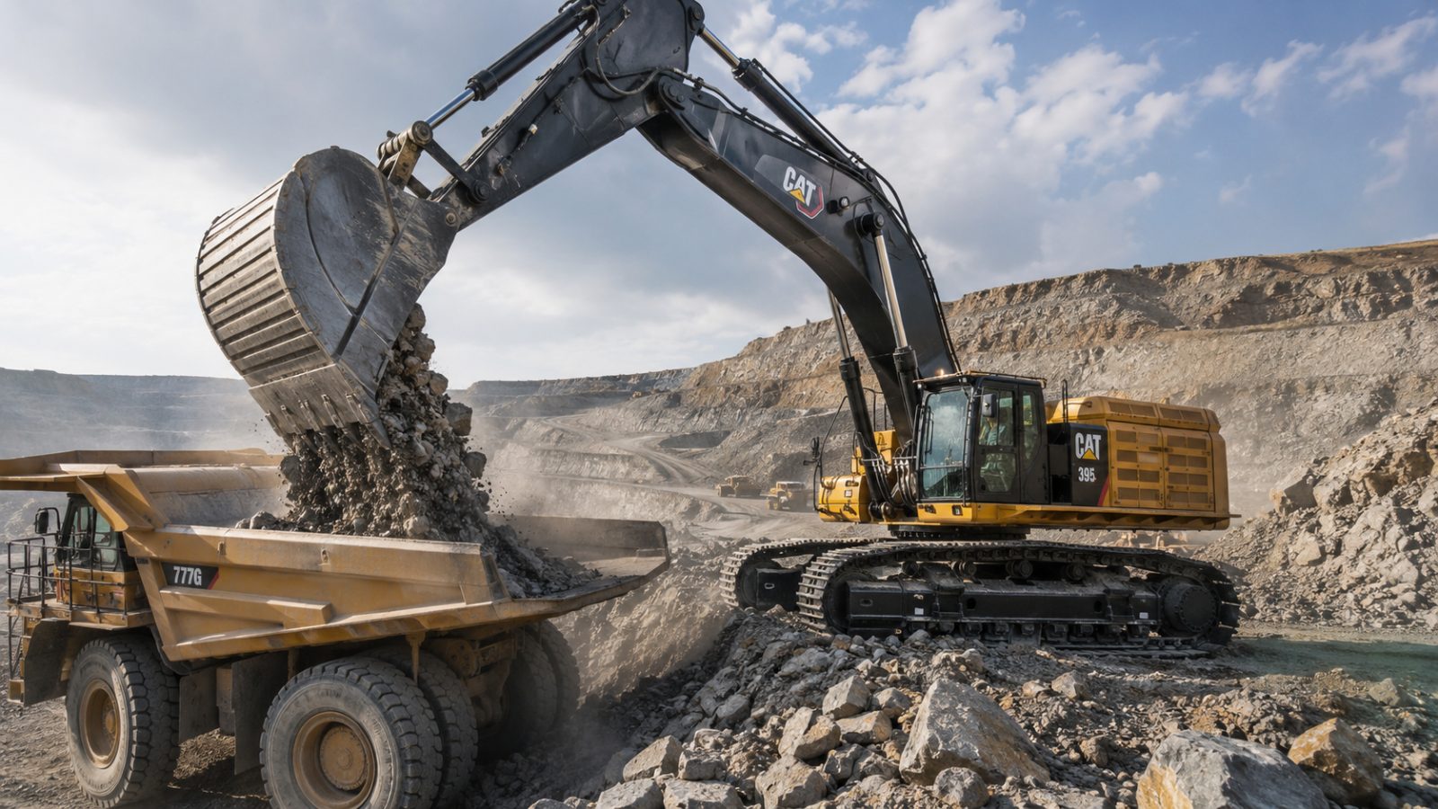 Excavator mare încărcând material într-un camion basculant pe un proiect de anvergură