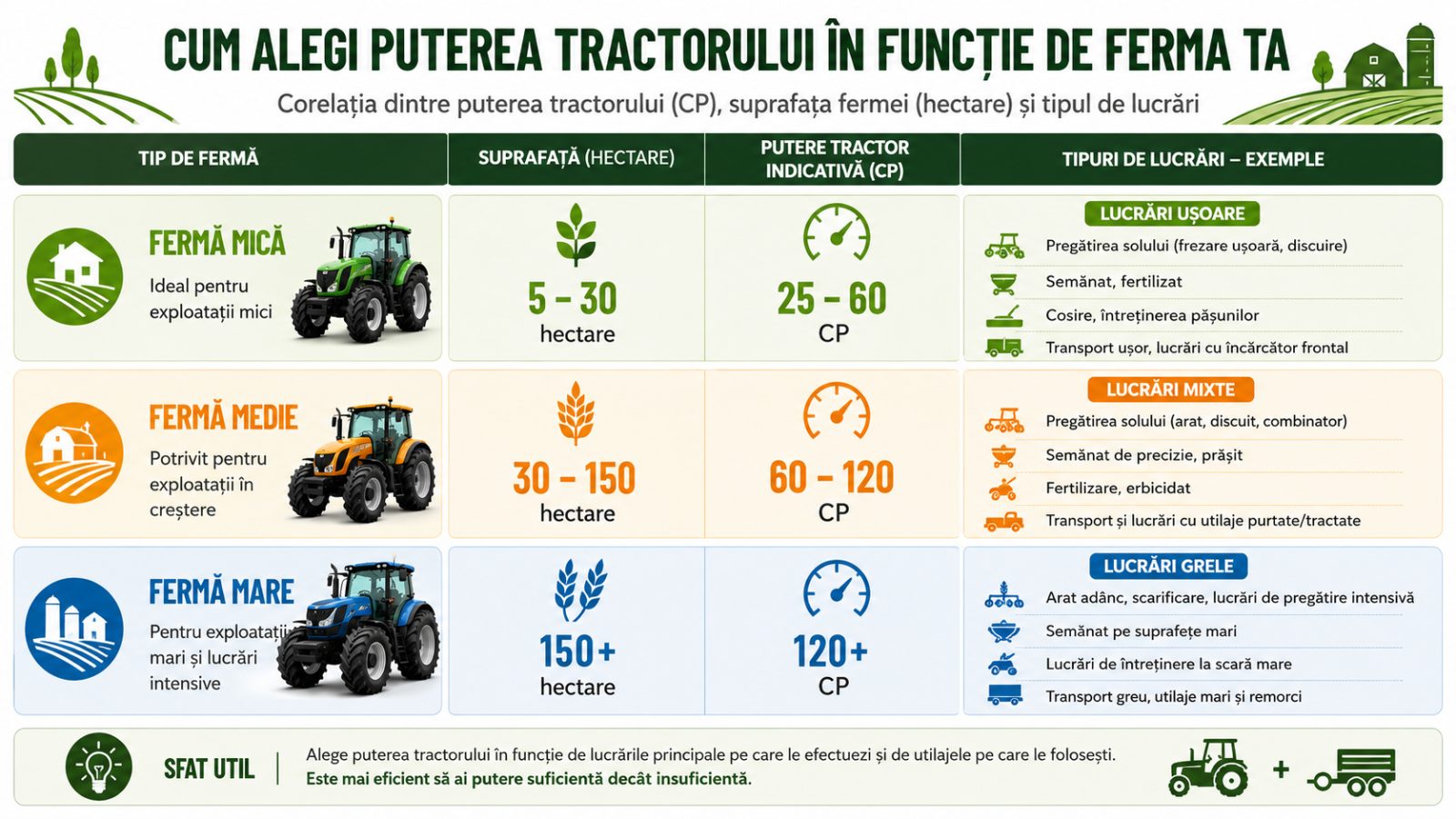 Infografic despre alegerea puterii tractorului în funcție de mărimea fermei