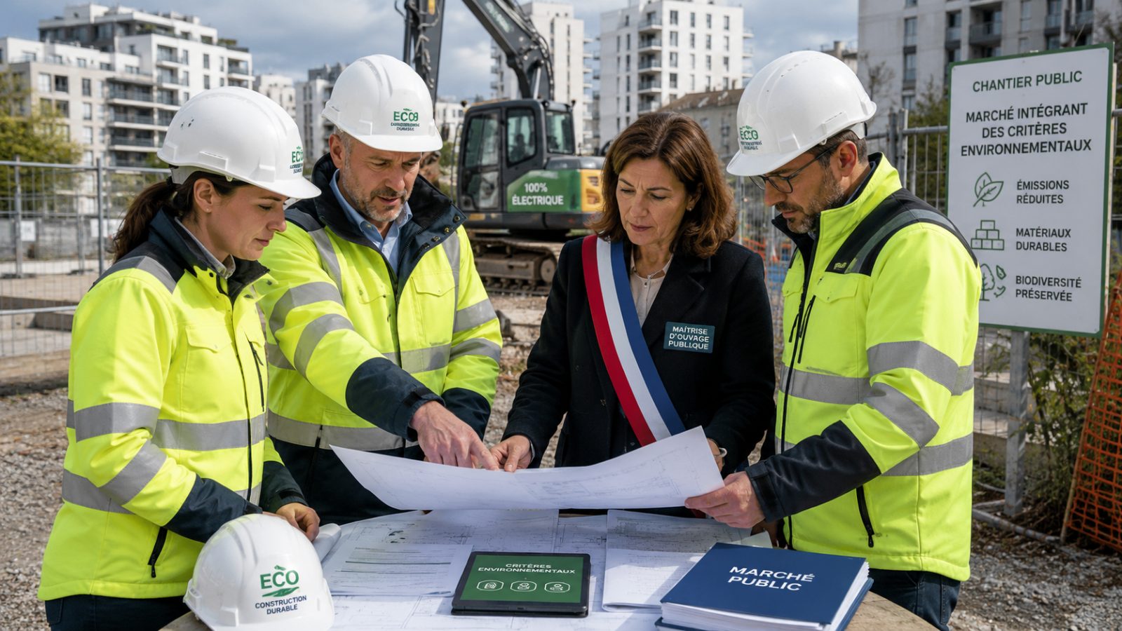 Echipă de constructori și reprezentant al autorității analizând documente pe un șantier urban