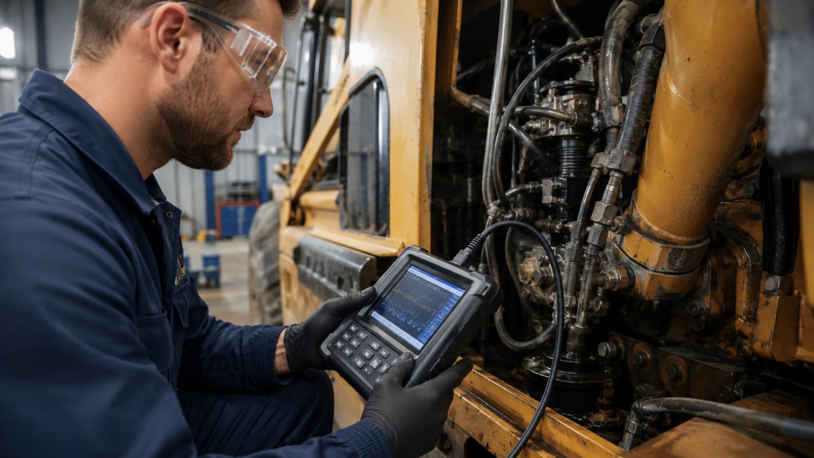 Mecanic folosind un aparat de diagnoză conectat la motorul unui utilaj în service