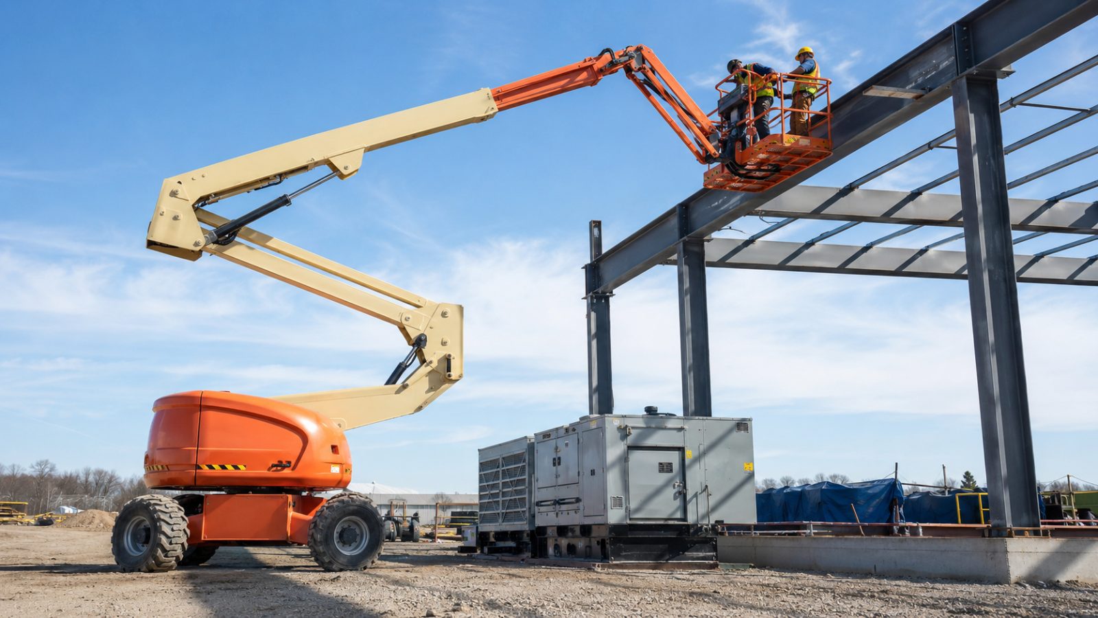 Nacelă cu braț articulat la un șantier cu structură metalică