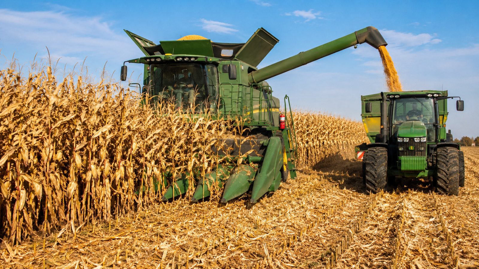 Combină agricolă descărcând porumb într-o remorcă tractată în timpul recoltei