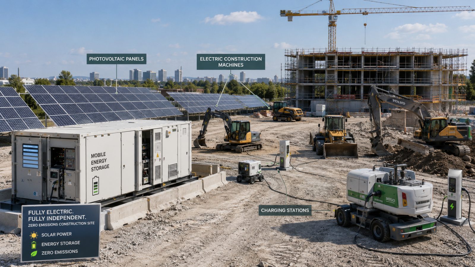 Șantier autonom energetic cu panouri fotovoltaice, stocare mobilă și utilaje electrice care se încarcă