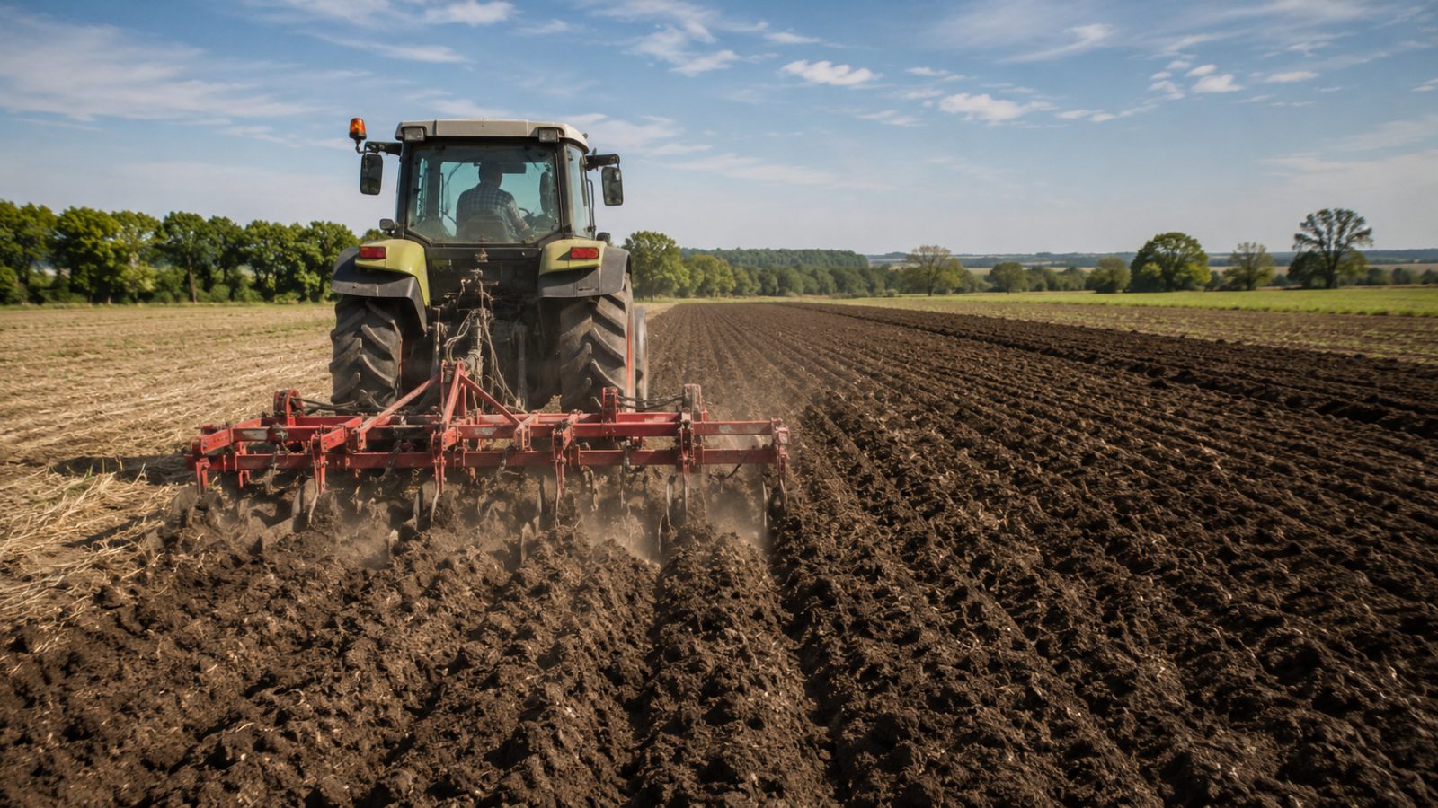 Tractor cu atașament lucrând solul pe câmp