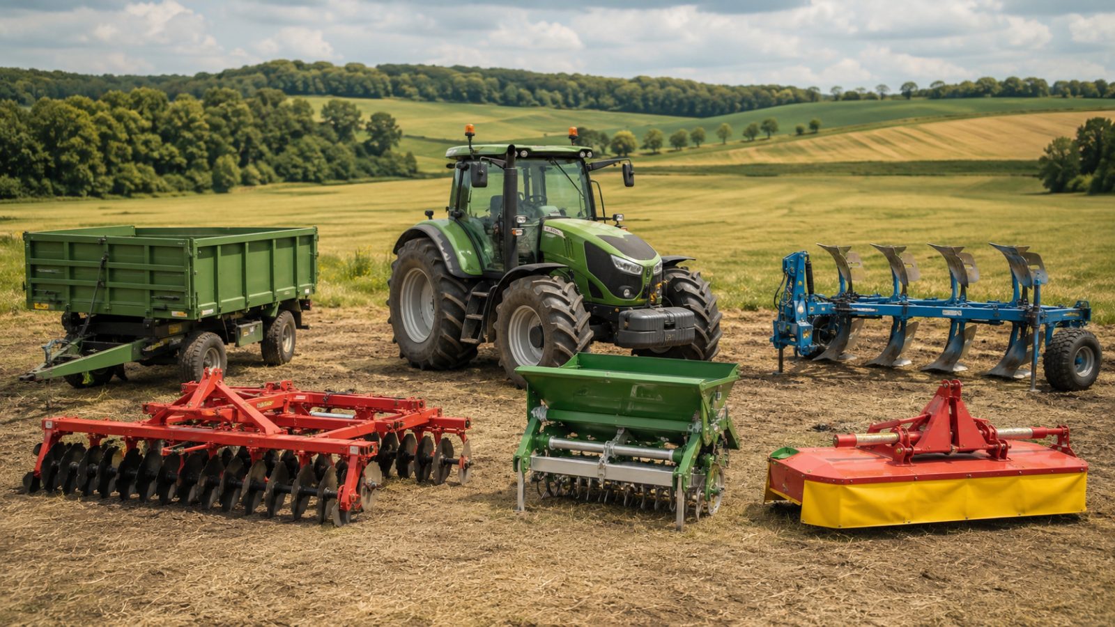 Tractor cu mai multe atașamente agricole: remorcă, grapă cu discuri, semănătoare, plug, cositoare