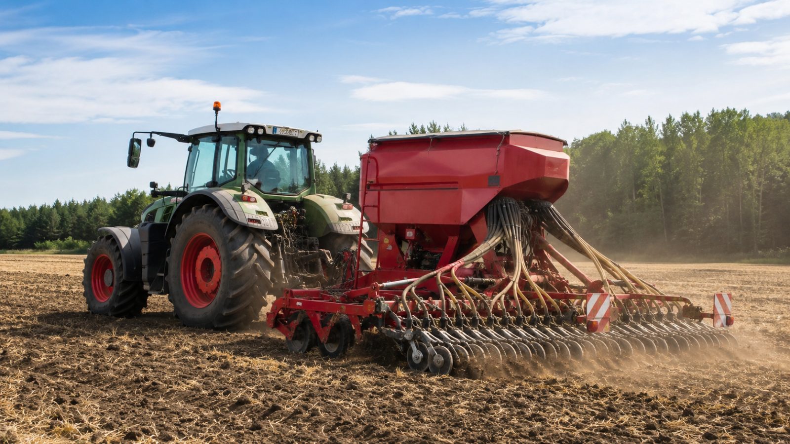 Tractor cu semănătoare roșie lucrând pe câmp