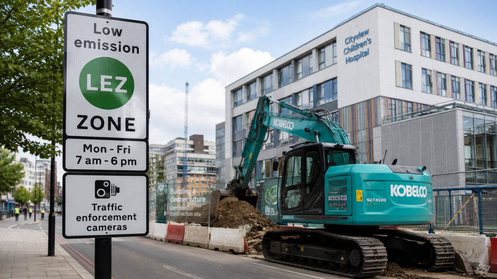Panou zonă cu emisii reduse (LEZ) lângă un excavator electric pe șantier urban